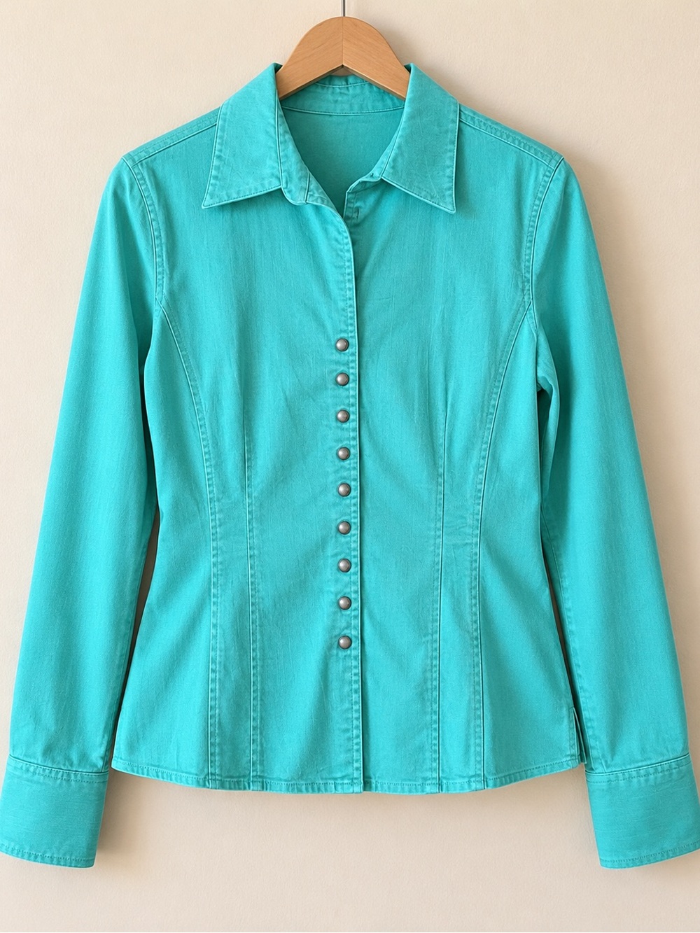 Christopher & Banks Turquoise Pearl Snap Stretch Denim Jacket Size EUC XL #659